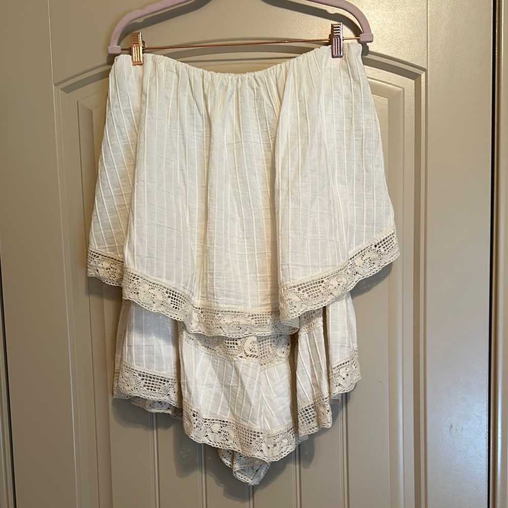 Free People Cream Off-Shoulder Tiered Crochet Romper